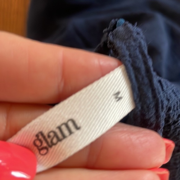 Navy blue tiered ruffled blouse textured stretch 1/2 sleeve crew round neck Med - Picture 7 of 12